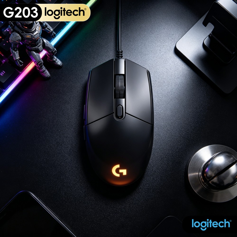 Logitech Mouse G203 - เมาส์เกมมิ่งแบบมีสาย Logitech G203 ฐานยางกันลื่น ไฟ RGB