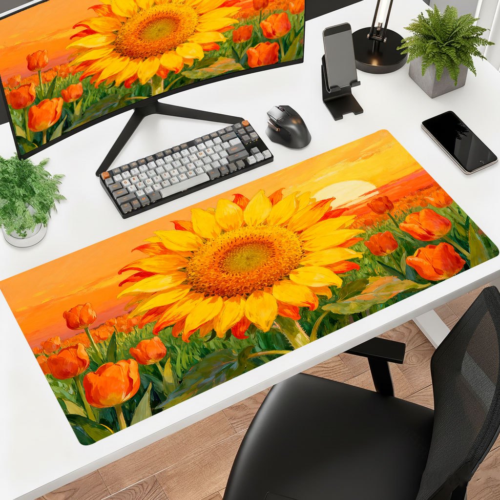 Laptop Accessories Brand - แผ่นรองเมาส์ลายดอกทานตะวันสีเหลือง, แผ่นรองโต๊ะพิมพ์ลาย HD หนาสำหรับเล่นเกมส์บนแล็ปท็อปในออฟฟิศ, อุปกรณ์เสริมสำหรับเดสก์ท็อปลายศิลปะดอกไม้