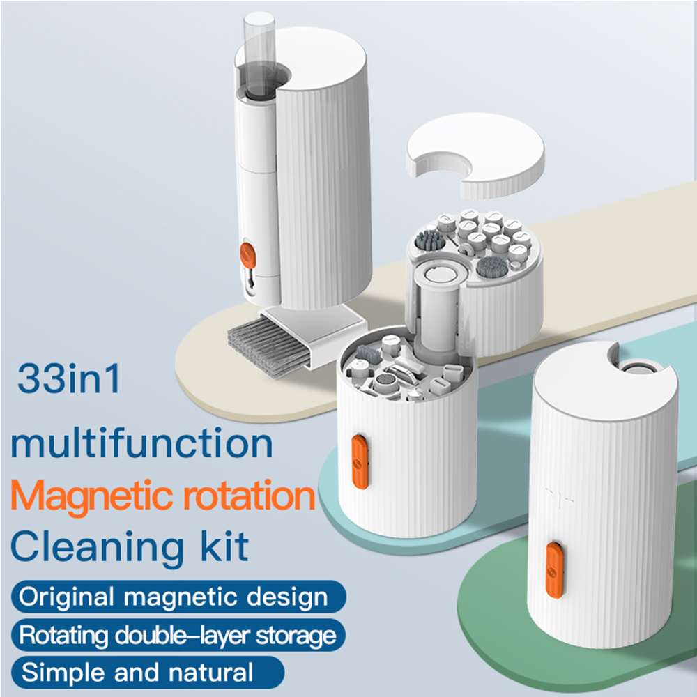 Laptop Accessories Cleaning Kit - ชุดทำความสะอาดอิเล็กทรอนิกส์แบบแม่เหล็กหมุนได้ 33-in-1 ชุดเครื่องมือทำความสะอาดดิจิทัลออลอินวัน สำหรับคีย์บอร์ด หูฟัง หน้าจอ