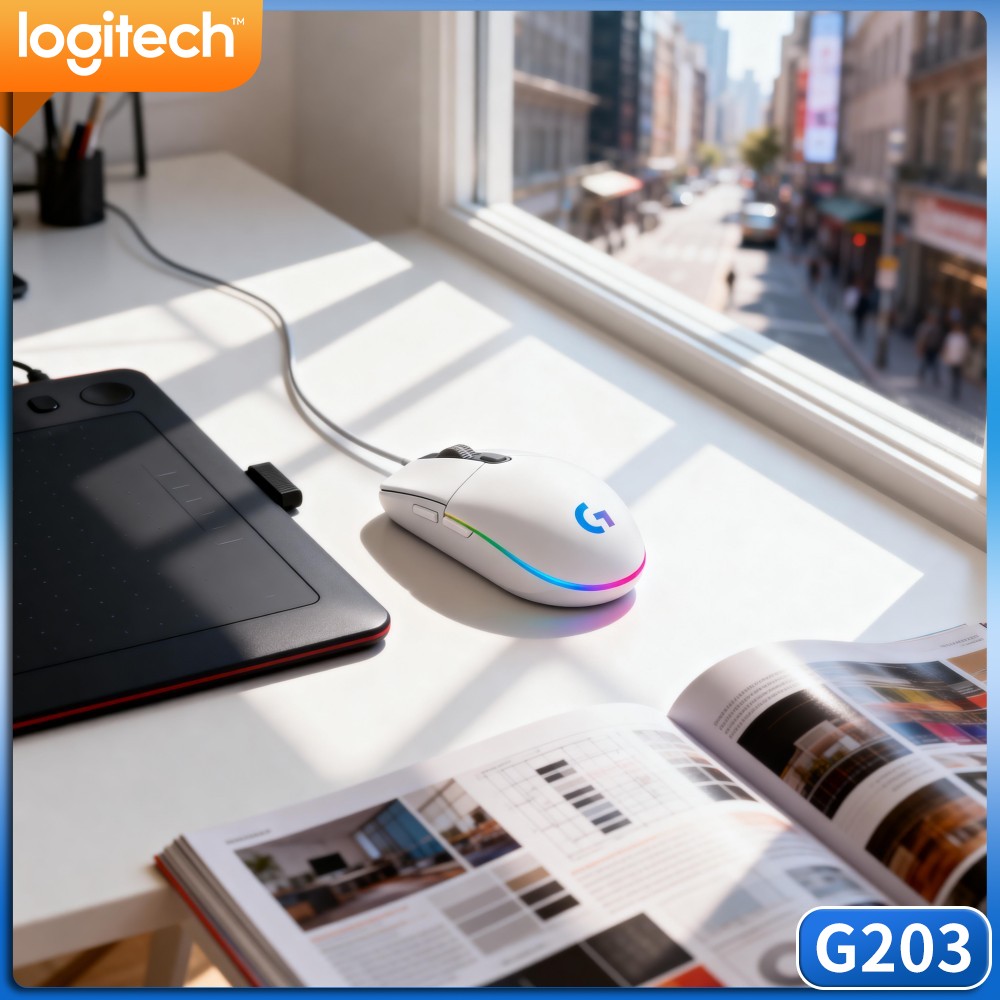 Logitech Mouse G203 - เมาส์เกมมิ่งแบบมีสาย Logitech G203 พร้อมไฟ RGB สว่างสดใส